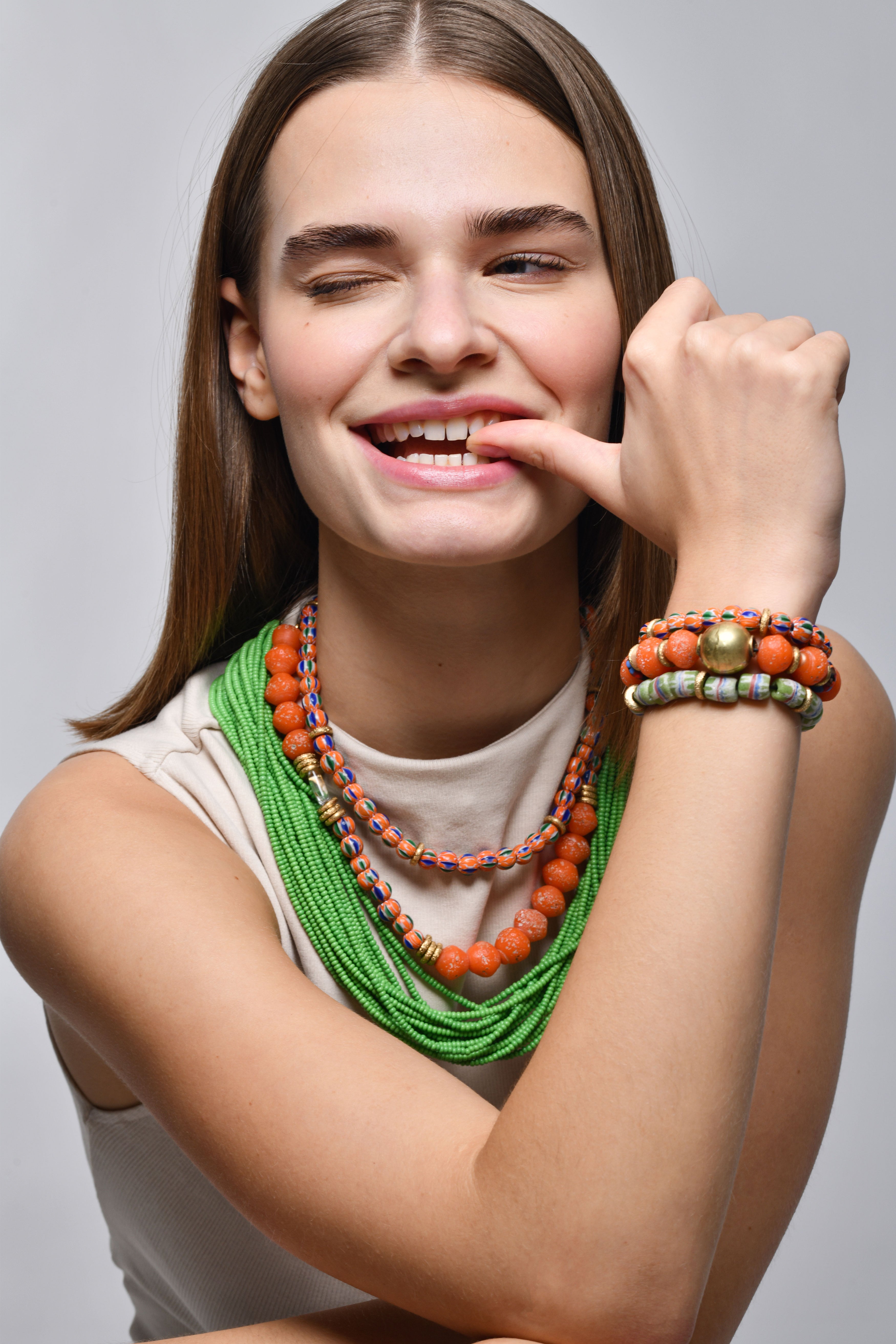 Maasai Glass Beads Multi Strand Necklaces / Green / SS24