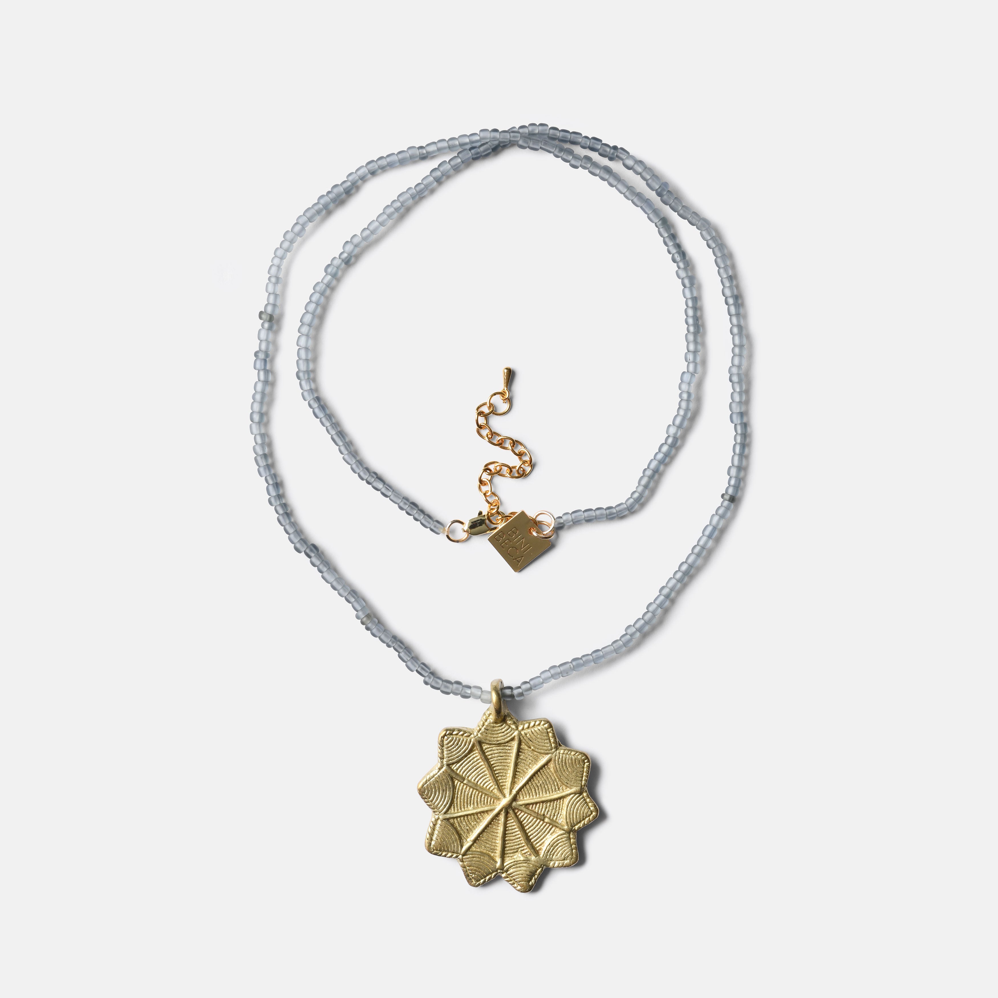 Gray Blue Glass Sautoir with Sun Baule Pendant