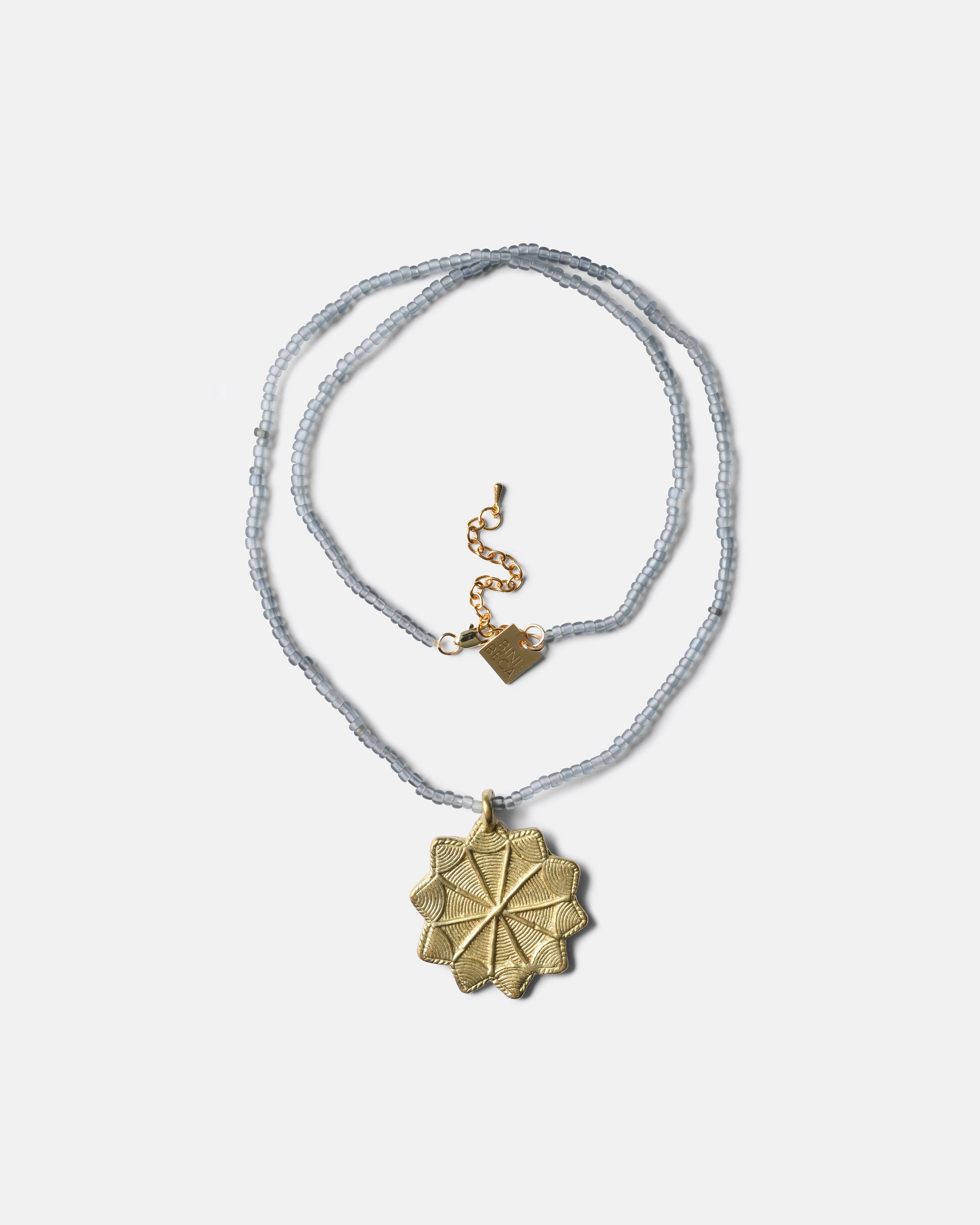 Gray Blue Glass Sautoir with Sun Baule Pendant