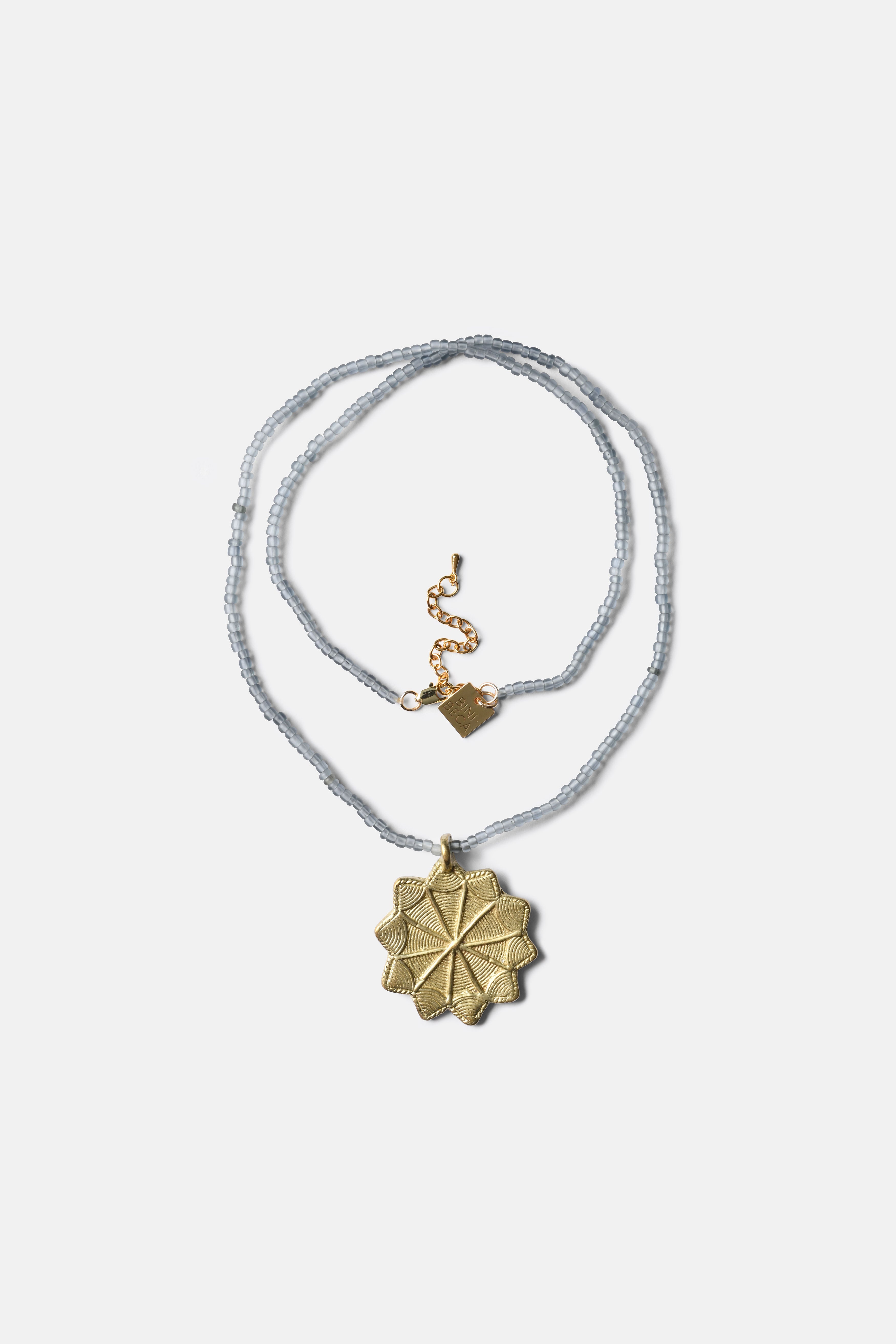 Gray Blue Glass Sautoir with Sun Baule Pendant