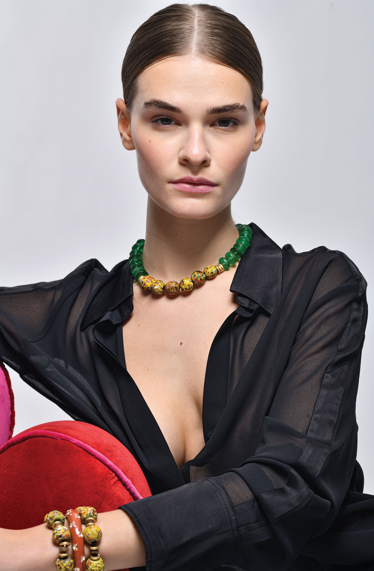 The Sprinkle Bini in Yellow with Green Vaseline Beads Necklace / Resort 24