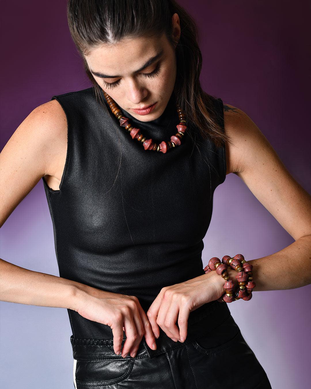 Burgundy Striped Glass Necklace