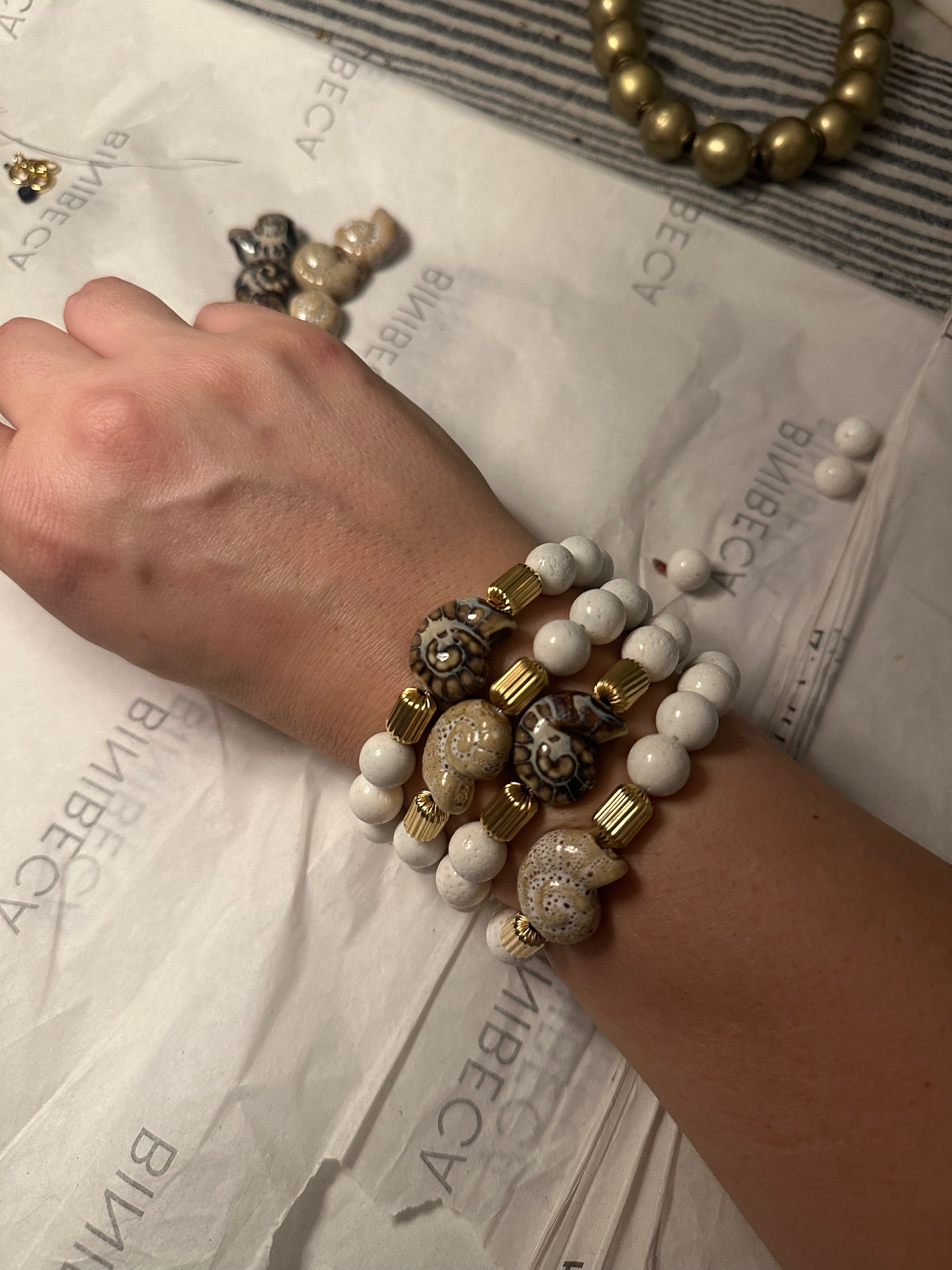 White Coral Ammonite Bracelets