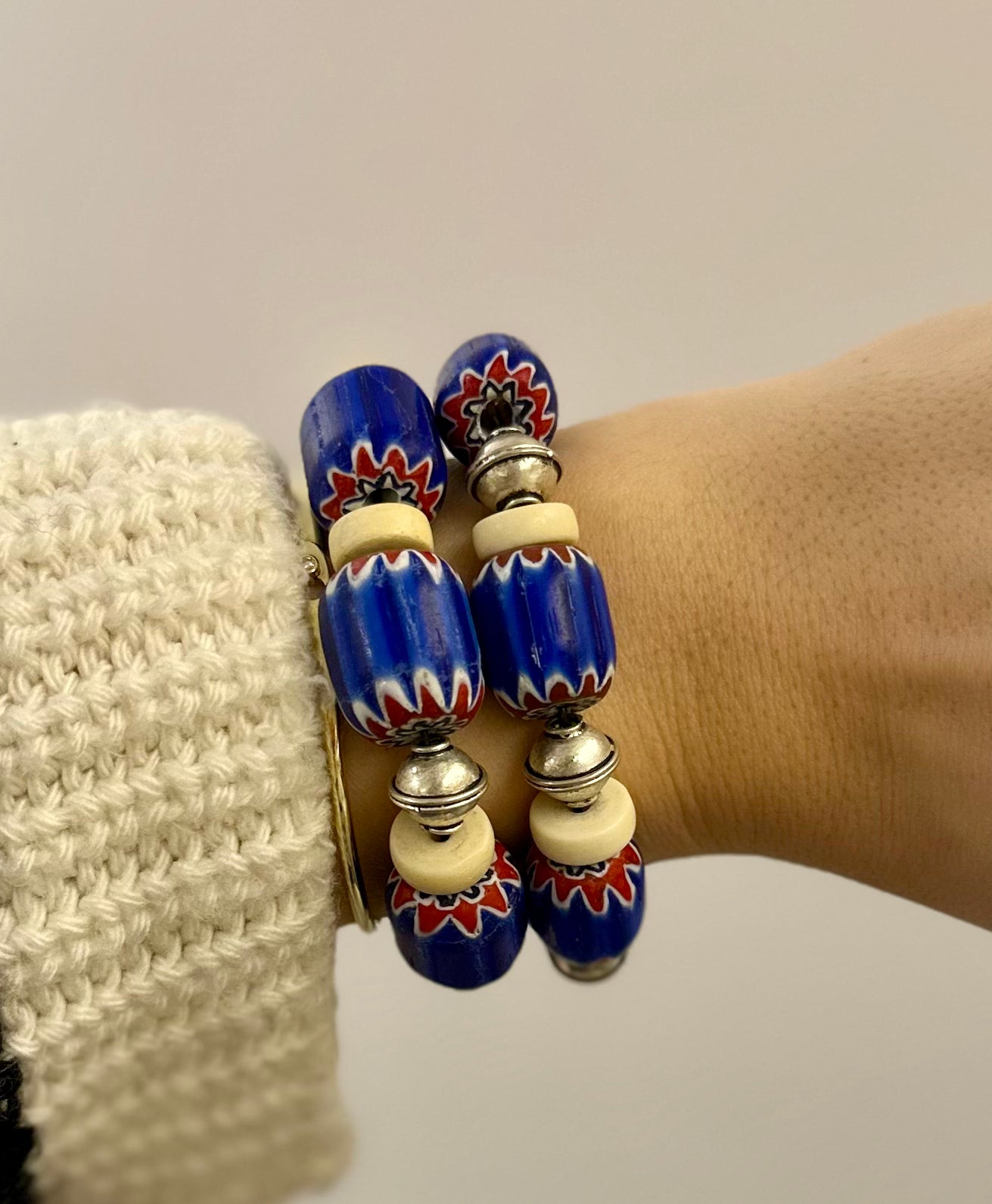 Large Blue Chevron Beads Bracelets with Silver / Resort 24