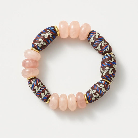 Pink Quartz and hand painted glass beads bracelet -1
