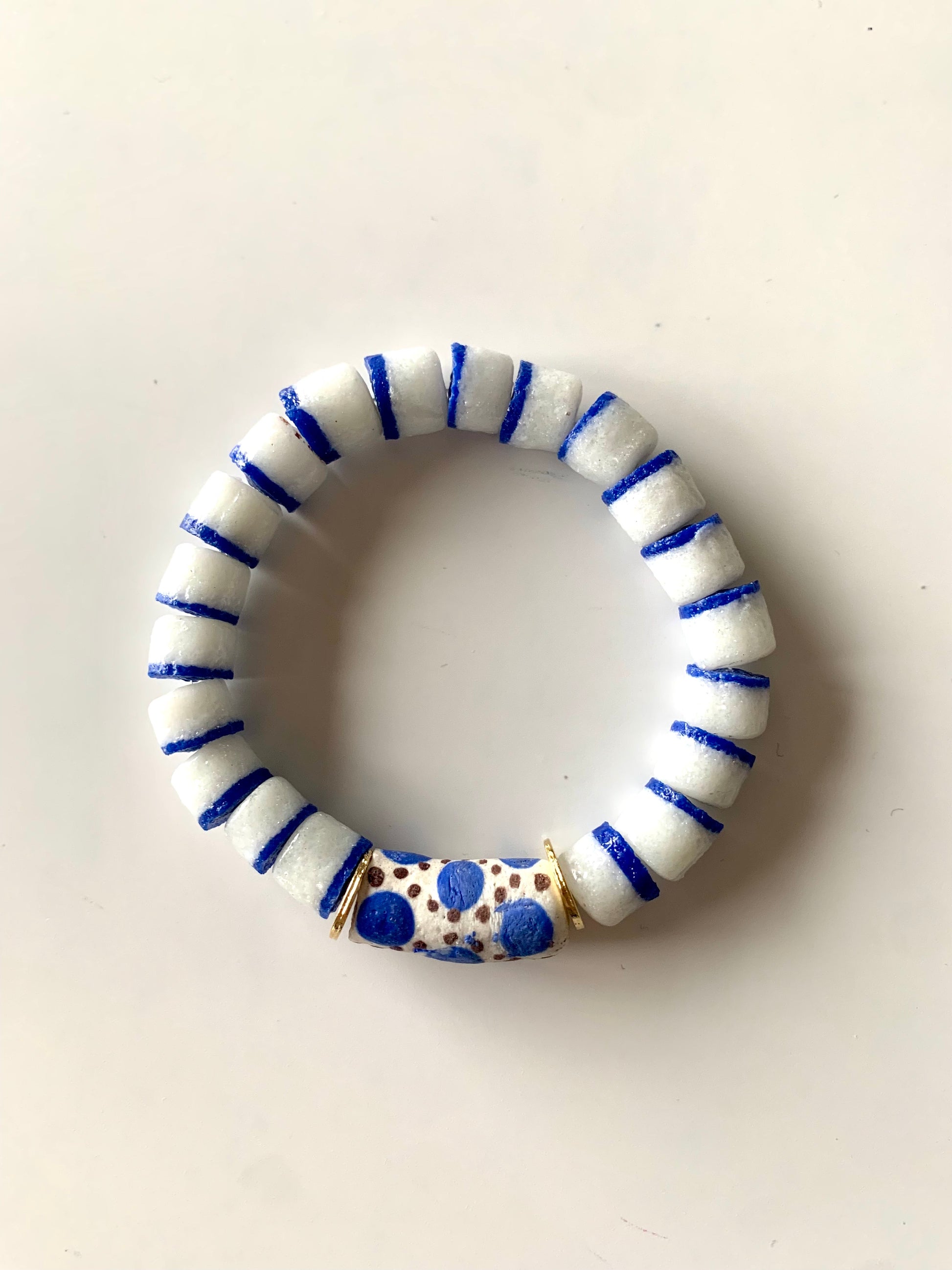 Blue and white clay bead bracelet